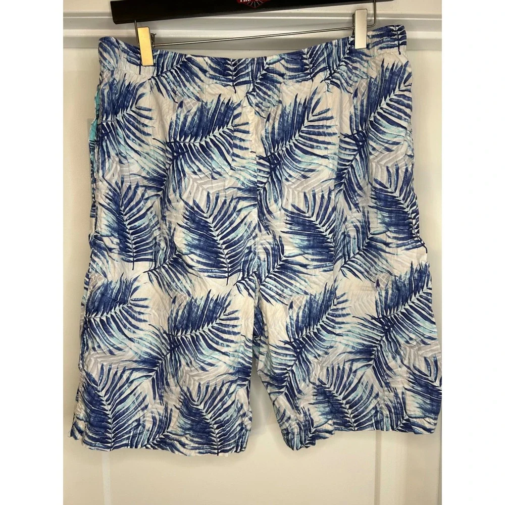 Tommy Bahama Mens XL Blue White Palm‎ Leaf Cotton Drawstring Shorts Tropical
